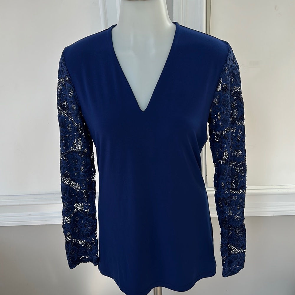 INC royal blue long sleeve V neck top with lace sleeves